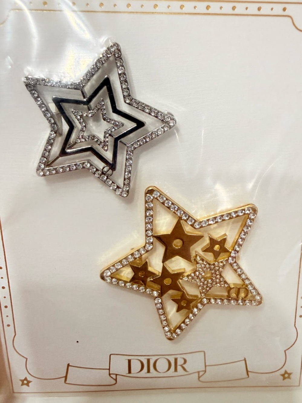 Dior Parfums Hair Barrette Gold and Silver Star Pin Duo